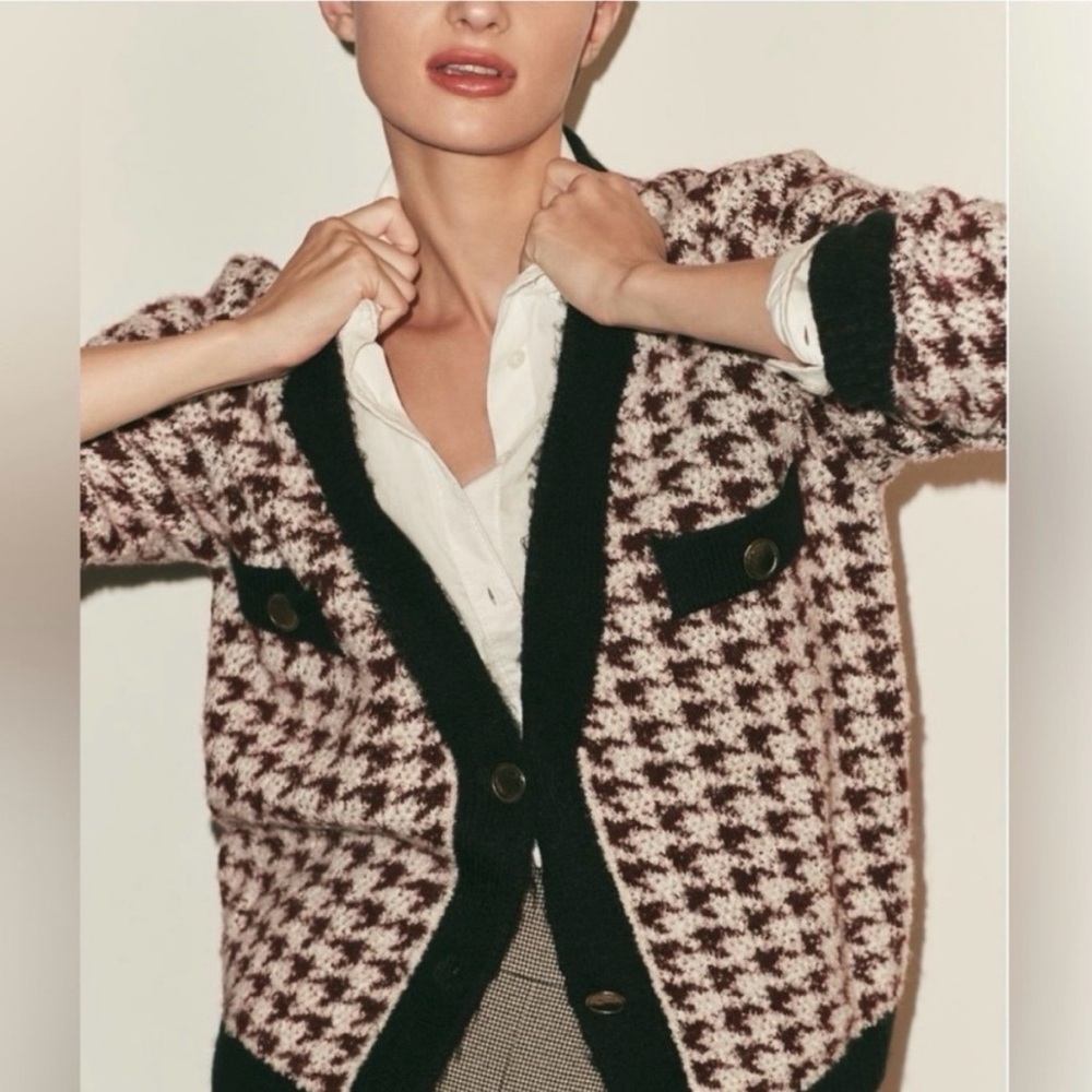 Anthropologie Maeve Fuzzy Houndstooth Cardigan Sweater Burgundy Size S NWOT